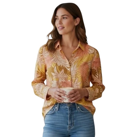 NWT Tahari 100% Linen Tropical Palm Print Button Up Shirt Size M - Picture 1 of 7